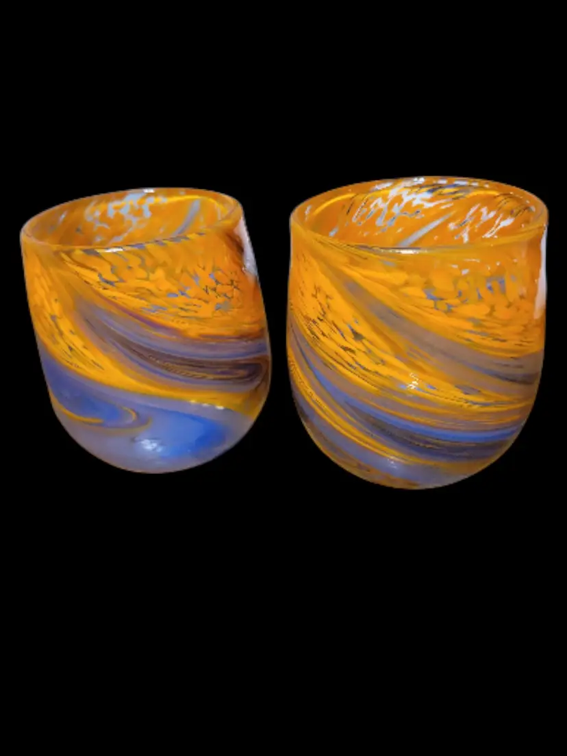 George Averbeck fire on the mountain set of 2 hand blown signed glasses 2011 4" t x 3.5" w