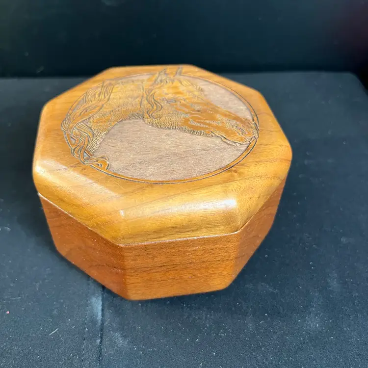 Wood Blue Velvet Lined Octagonal Trinket Box w/ Horse Head on Cover