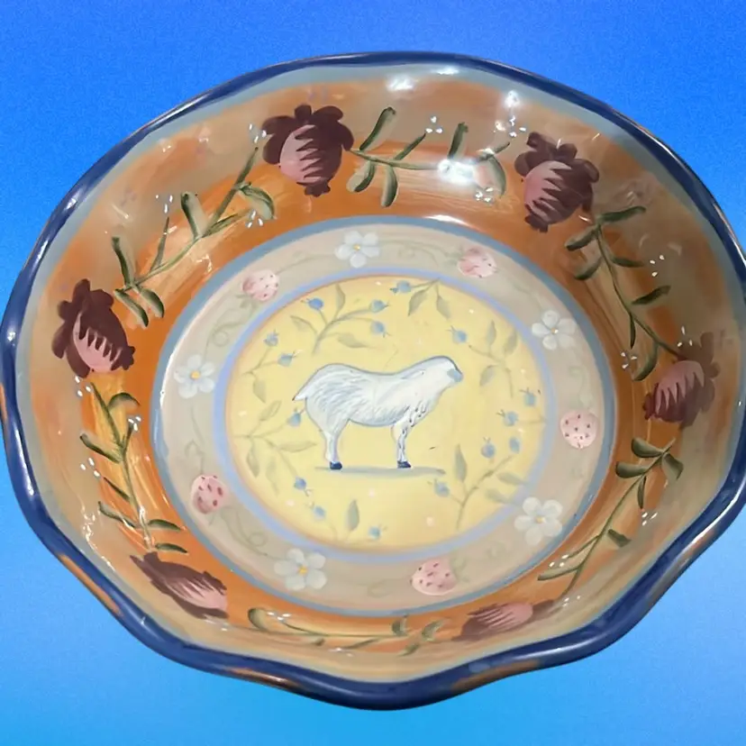 Dana Cullen Design for Zrike Avignon Sheep Bowl, 8.75" Hand Painted, Cottage Core Decor