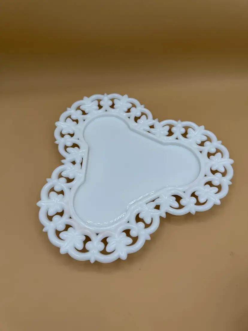 Fenton Triangular Milk Glass Plate Reticulated Lace Edge