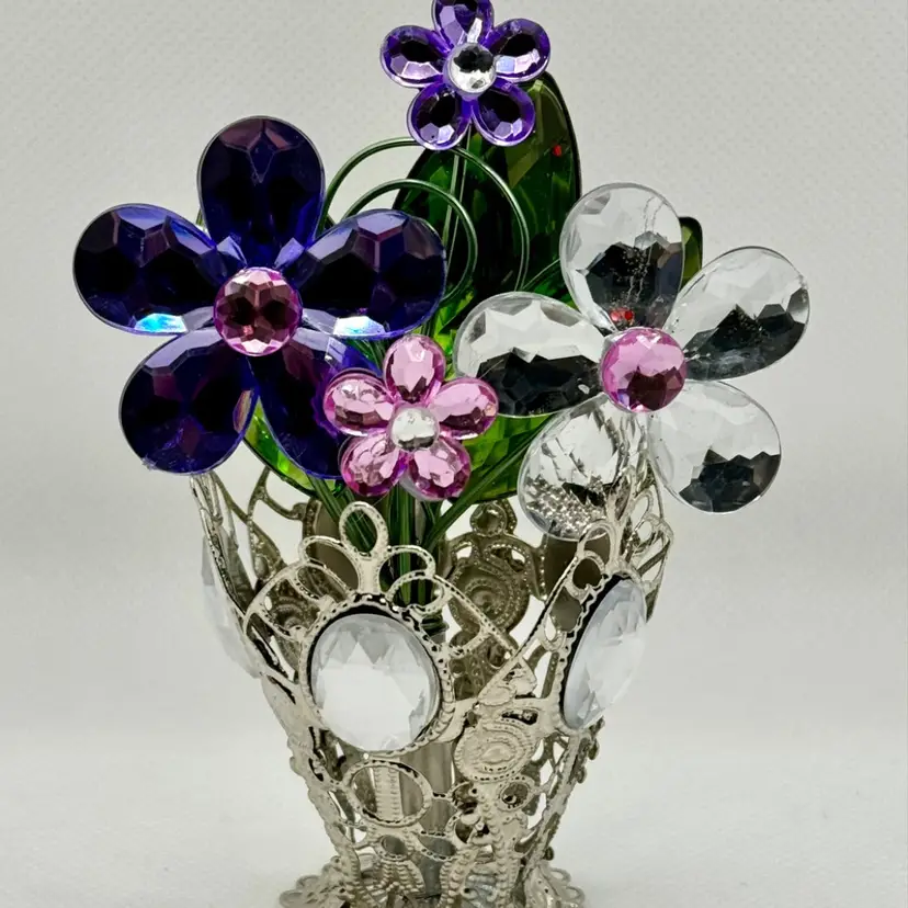 Vintage Colorful Flowers Made Of Gem & Aluminum Filigree Basket, Unbranded, 1970’s