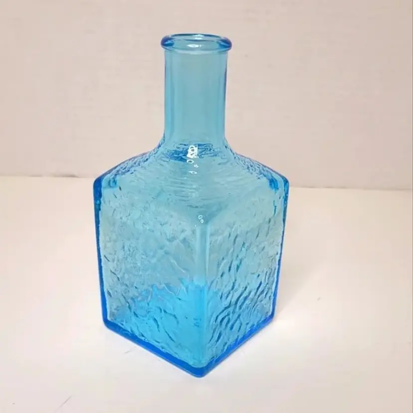 Cerulean Turquoise Aqua Blue Textured Square Glass Bottle Vase Suncatcher Vintage