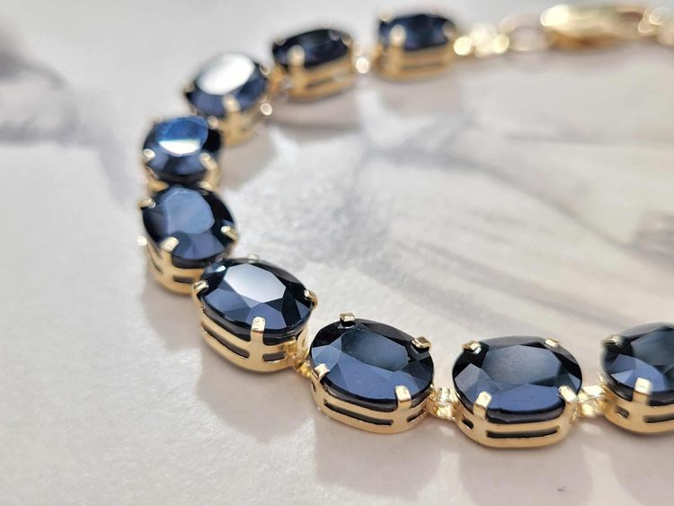 Vintage 10k Yellow Gold Large Blue Sapphire Tennis Bracelet - 7.4" -  11.6g