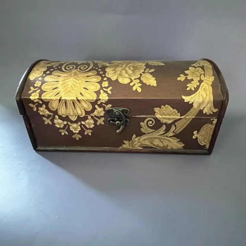 Decorative Fabric CoveredTreasure Chest/ Trinket Box With Gold Flowers