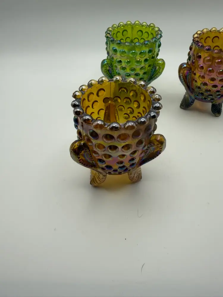 Set Of Three Kanawha Hobnail Glass Toothpick Holders In Amber, Green, And Red Hues