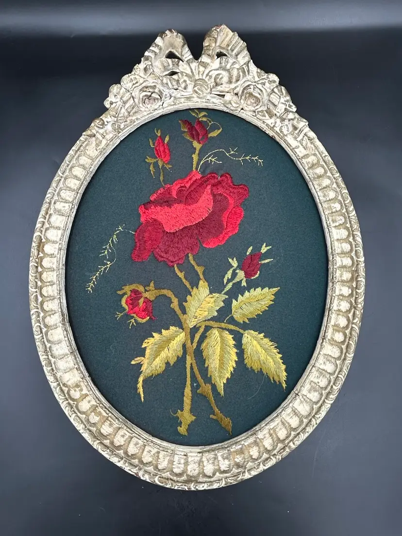 Vintage Oval Ornate Wood Framed Red Floral Crewel/needlepoint Artwork