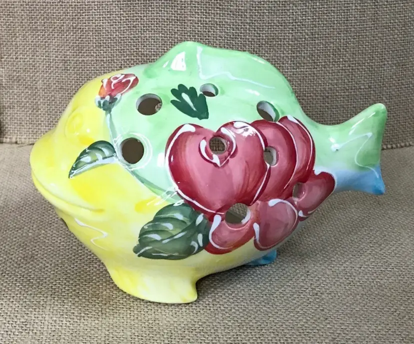 Hand Painted Colorful Floral Ceramic Fish Luminary Candle Holder Tropical Beach
