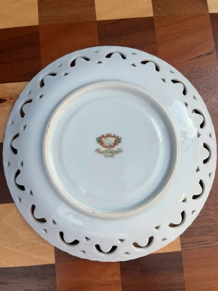 Royal Sealy lusterware decorative plate with pink orchids and reticulated  Gold Trimmed rim. 6”
