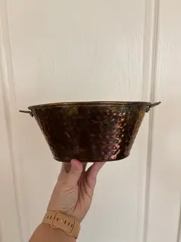 Vintage Hammered Brass Floral Handled Planter Pot