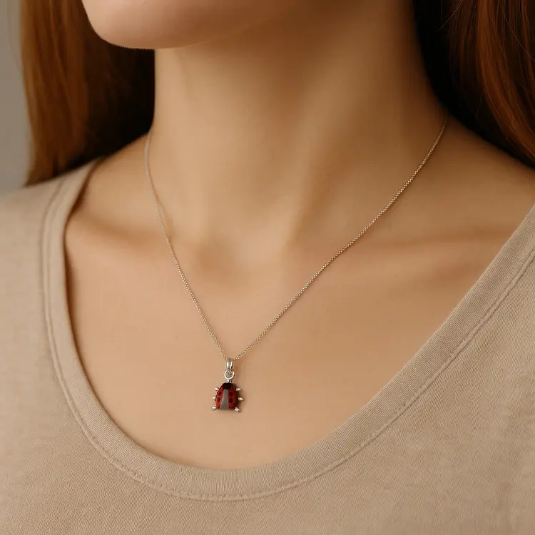 Sterling Silver Enamel Ladybug Pendant Necklace 925 RO Italy 16” Chain