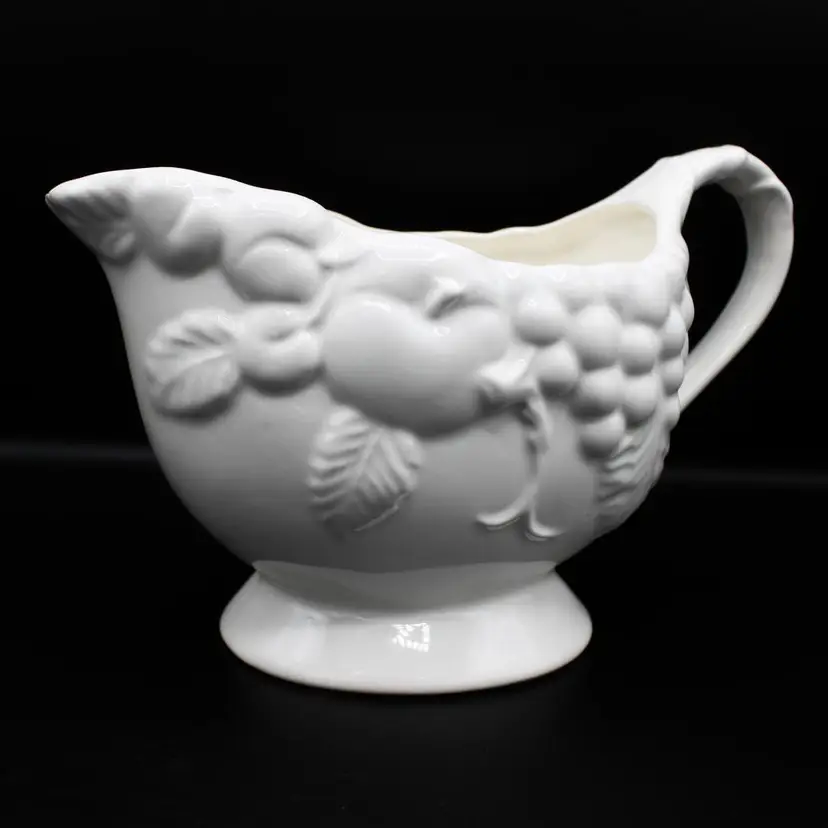 Vintage White Ceramic Gravy Boat Embossed Fruit Design Signature SIG Japan 24 oz