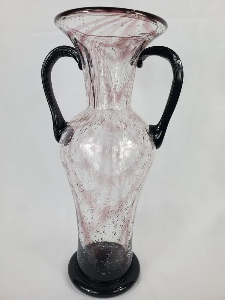 Hand Blown Art Glass Water Drop Design Swirled Purple Clear Black Handled Vase