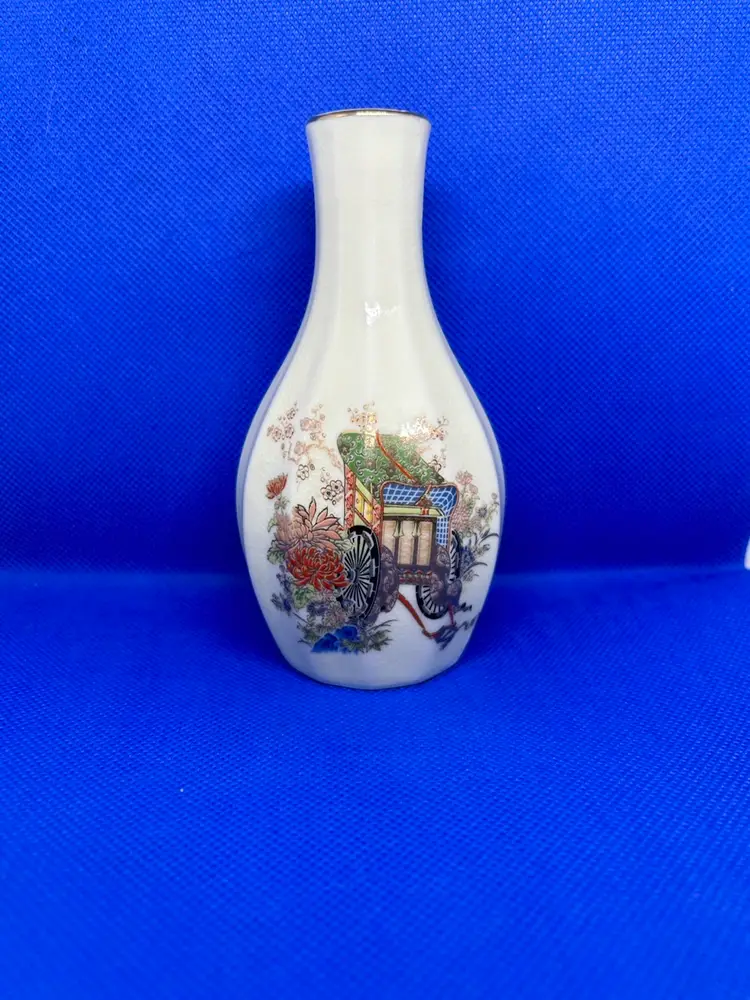 Vintage Japanese Satsuma Style Ceramic Vase with Hand-Painted Cart Motif