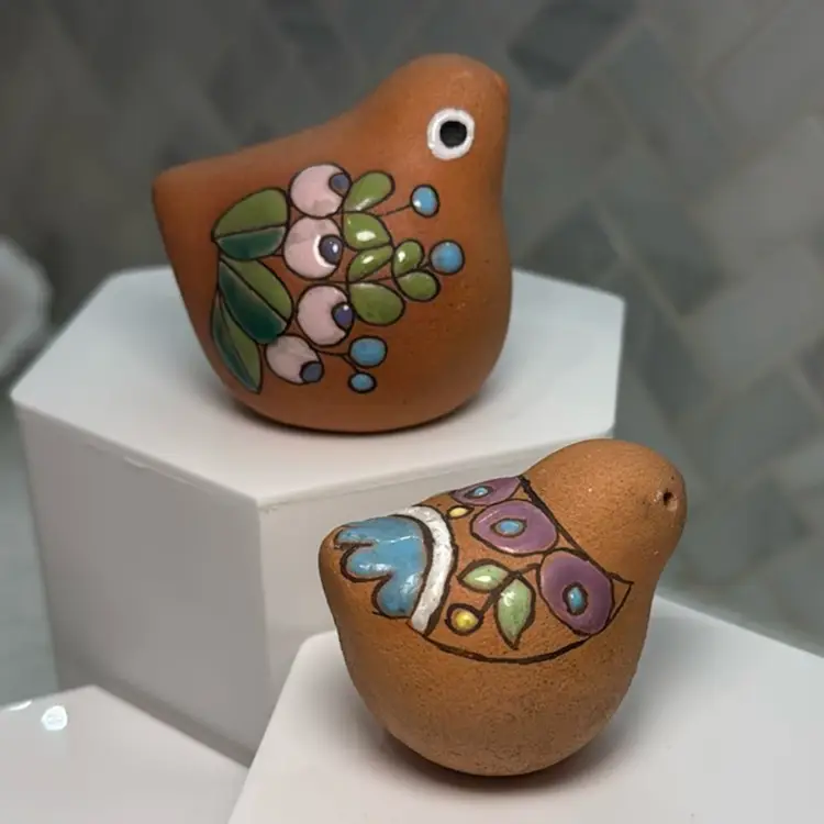 Chilean Pottery Birds, large bird 2.5” & baby bird 2” tall.