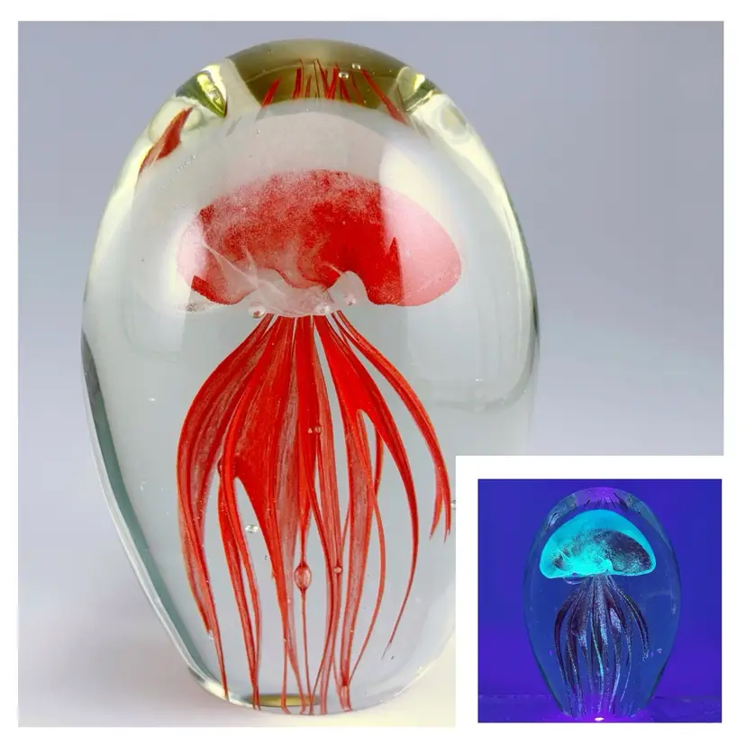 Dynasty Gallery Hand-Blown Art Glass, Red Jellyfish Egg-Shaped Paperweight, Glows UV Blacklight