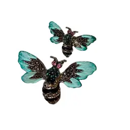 2 Vintage Matching Bee Brooches - Enamel, Silvertone And Rhinestones - 1.75” & 1”