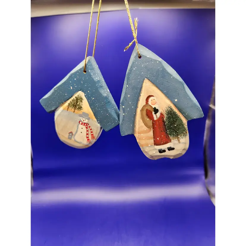 Hand Painted Christmas Bird House Ornaments Set of 2