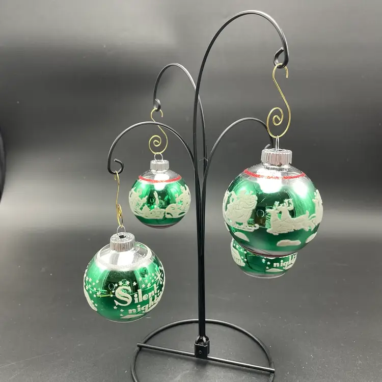 Shiny Brite by Radko Flocked Stenciled Glass Ornaments Set of 4 Green Silver
