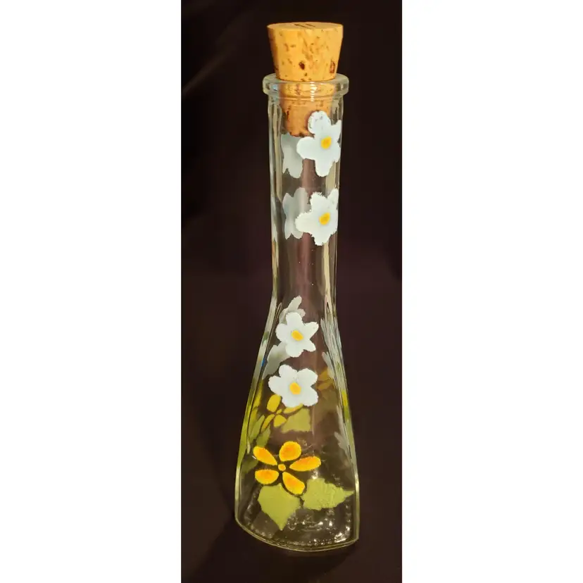 Vetreria Etrusca Clear Glass Cruet Bottle Hand Painted Flowers Floral Italy with Cork Stopper