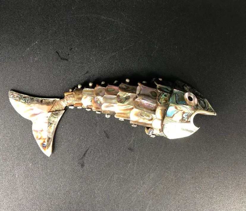 Whimsical Silver-plated & Abalone Articulated Fish Ornament /Bottle Opener AS IS