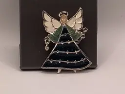 #51 Brooch Pendant Silver Tone Glitter Under Enamel Angel With Wand And Dangling Heart