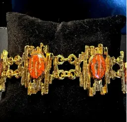 Vintage Bracelet Oval Acrylic Orange Cabochons Gold Tone Adjustable Chain 1960s