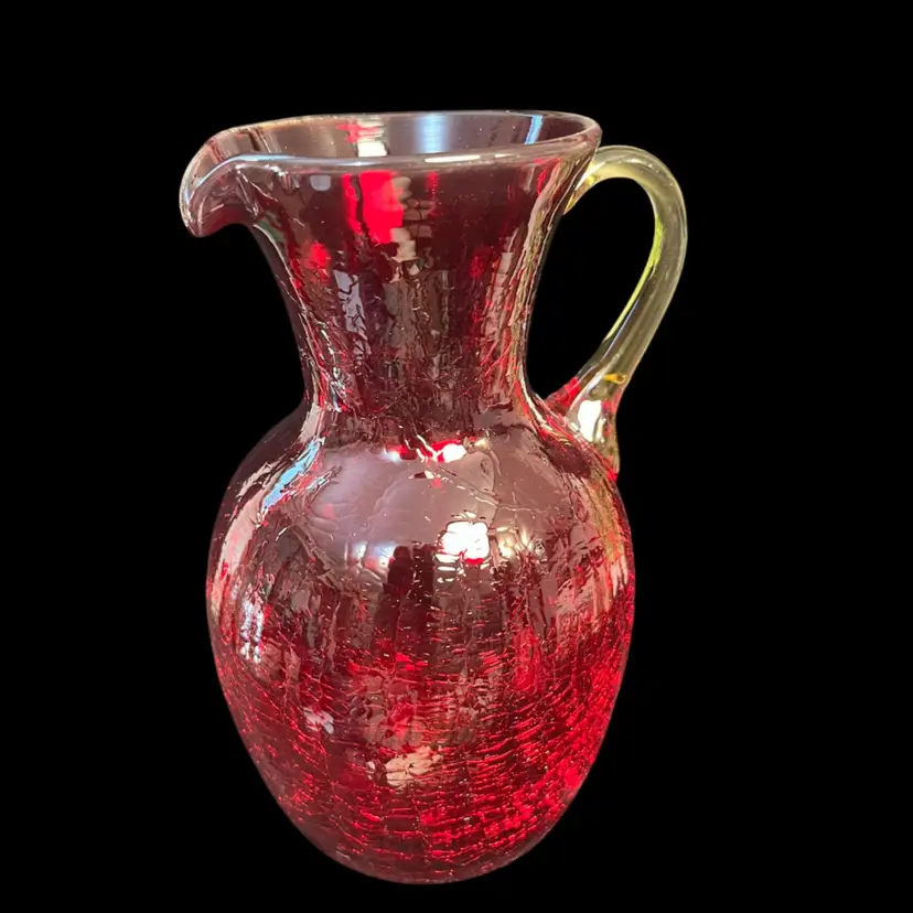 6 1/4" H Mid Century Amberina Ruby Red Crackle Glass Pitcher w/ Applied Yellow or Amber Handle