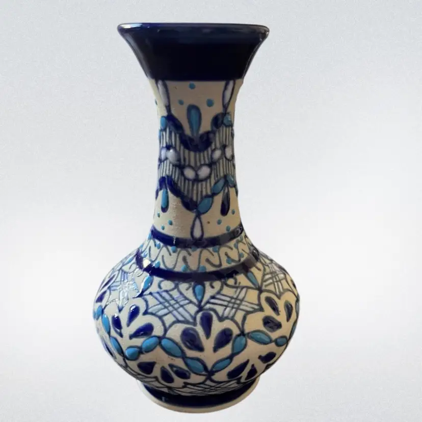 Javier Servin - Signed Pottery Bud Vase, Handmade Raised Enamel, Signed 4” Mexico