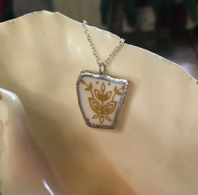 Oodelally Shop Artisan Made Pendant Broken Corelle Butterfly Gold Plate