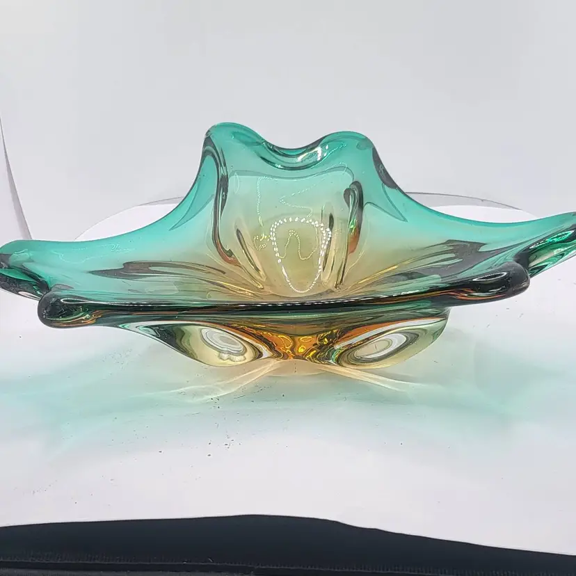 Vintage Sommerso Murano Glass Freeform Bowl Green & Amber 10" x 7" Edge is UV Reactive