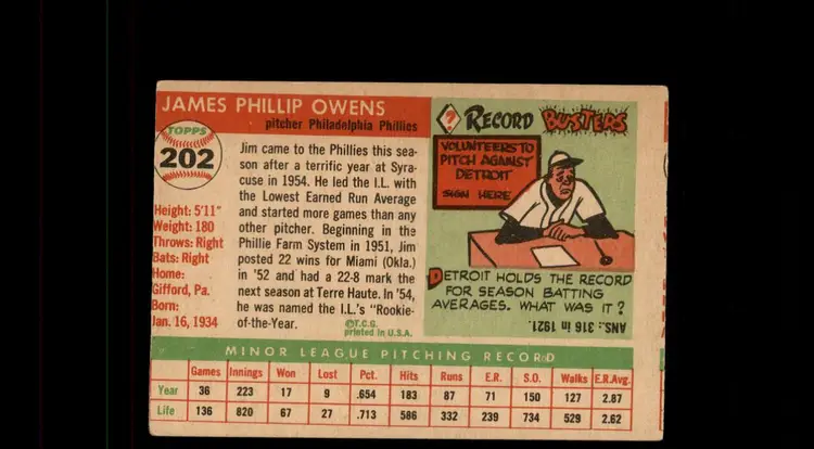 1955 Topps #202 Jim Owens - (pk-tl1) - Philadelphia Phillies