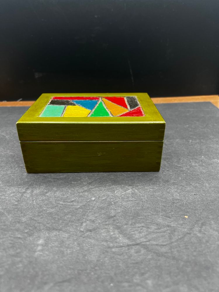 #01 #936b Vintage Hand Painted Folk Art Wooden Box, Colorful Geometric Design on Green