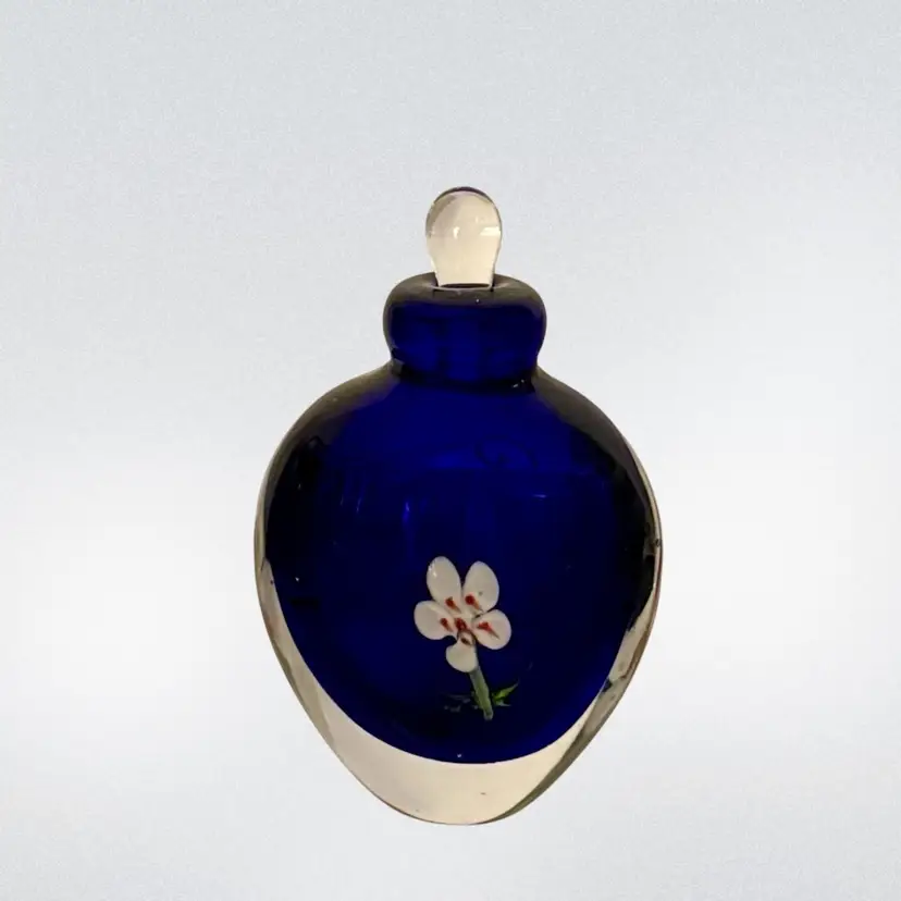 Art Glass Perfume Bottle Clear & Cobalt Blue Glass With Flower
4-3/4β T x 3β L x 1-3/4β W