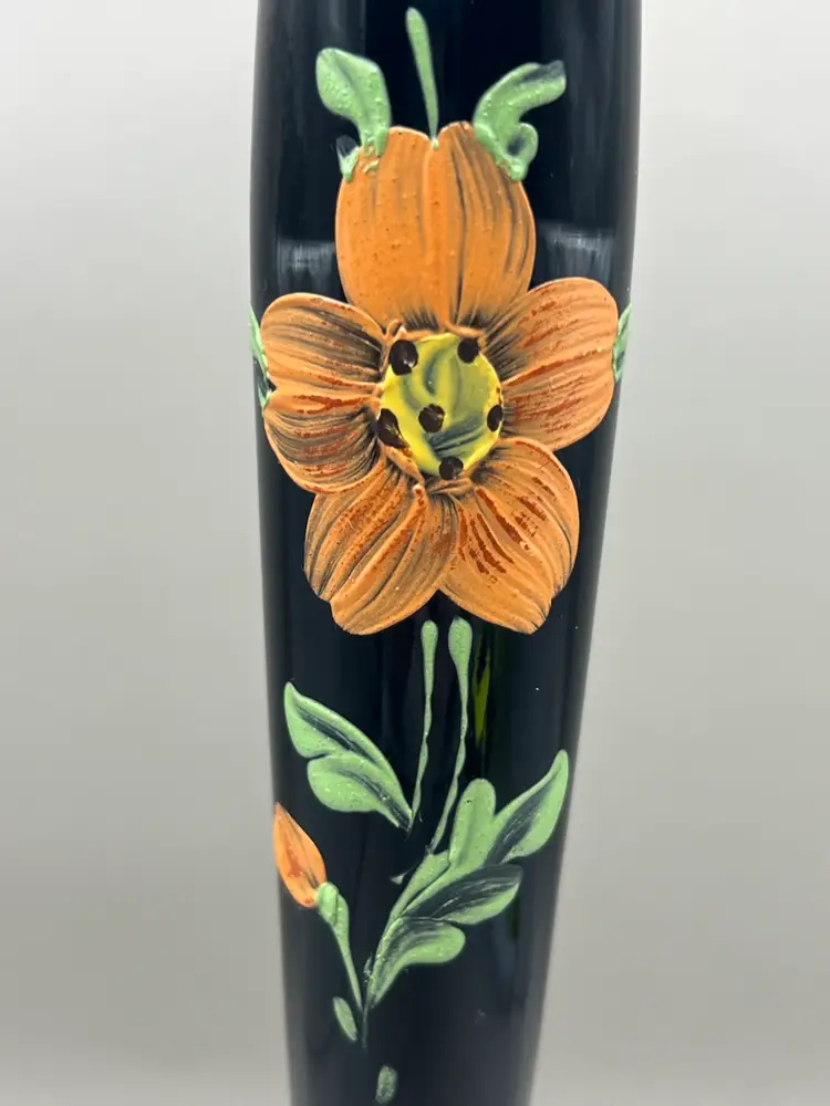 Black Amethyst Glass Bud Vase With Hand Painted Flowers Maryland Glass Co. 10”