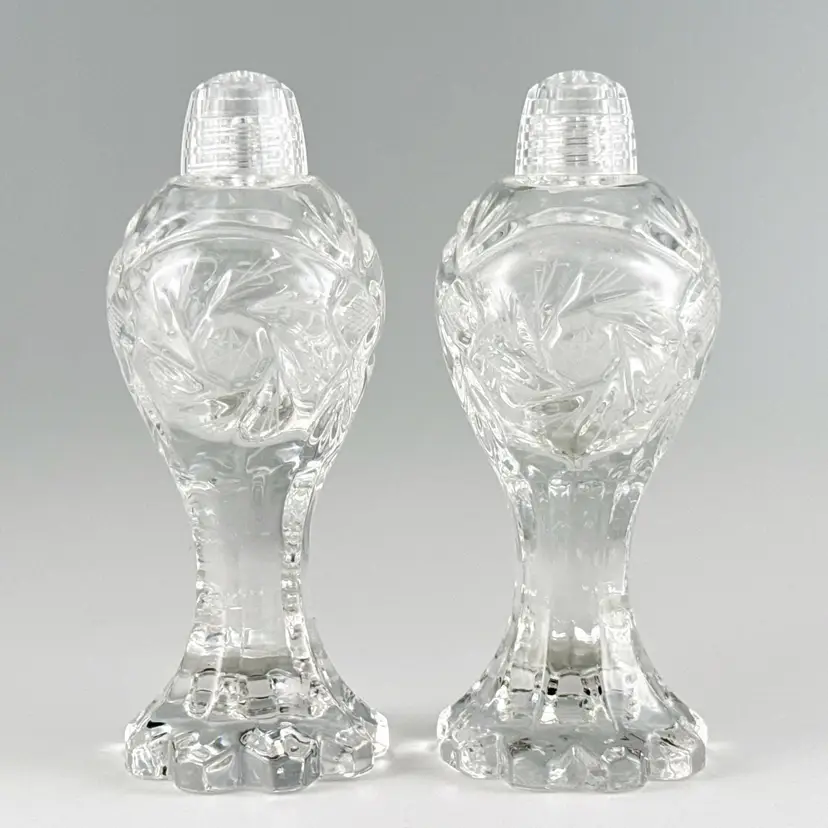 Vintage Pressed & Cut Crystal Footed Salt and Pepper Shakers, Pinwheel Whirling Star Hobstar