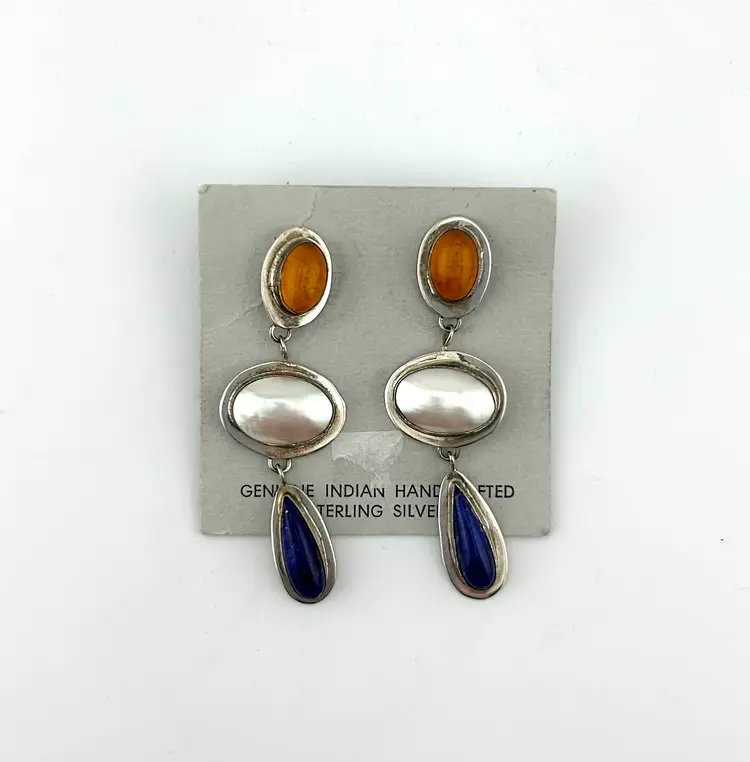 Sterling Silver Carnelian, Pearl, and Lapis Pierced Earrings 2.5” Long
