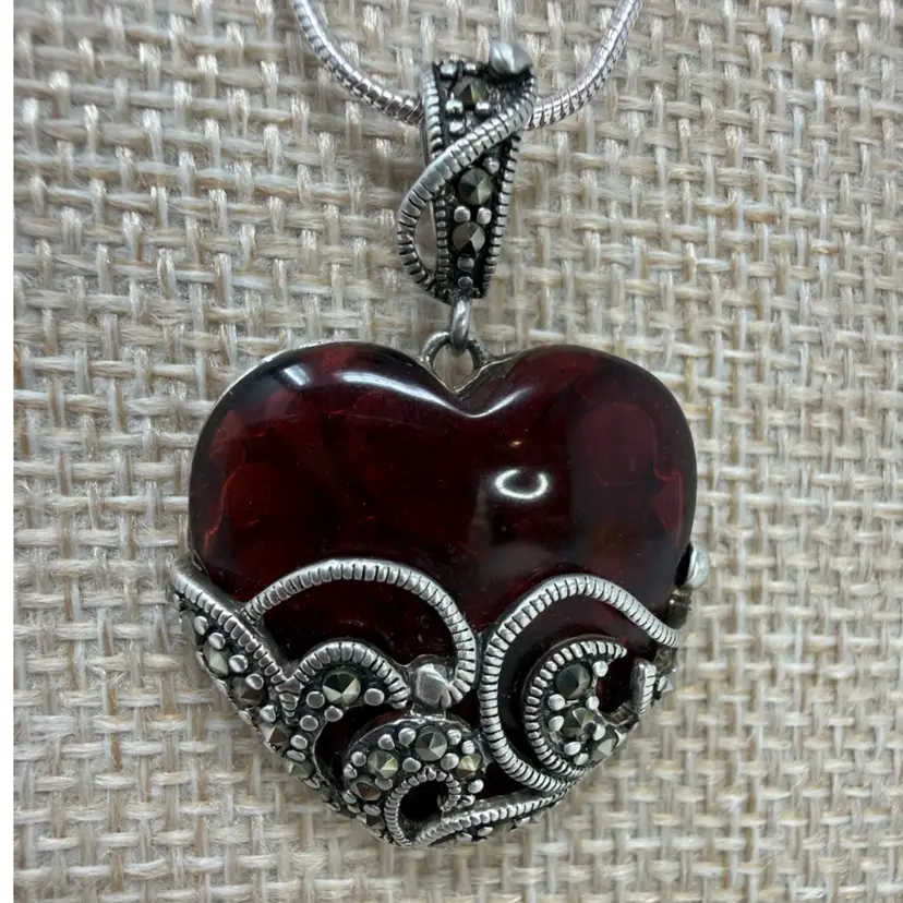 Ross Simmons Sterling Silver Red Glass And Marcasite Necklace