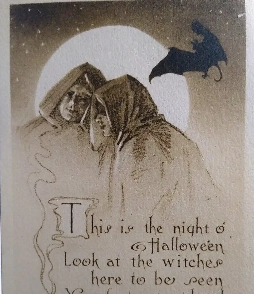 Halloween Postcard Kathryn Elliott Gibson Gothic Caped Men Moon Bat Sepia 1911