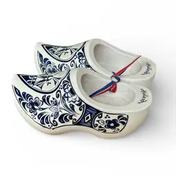Hand Carved White Wooden Holland Children’s Clogs With Blue Transfer