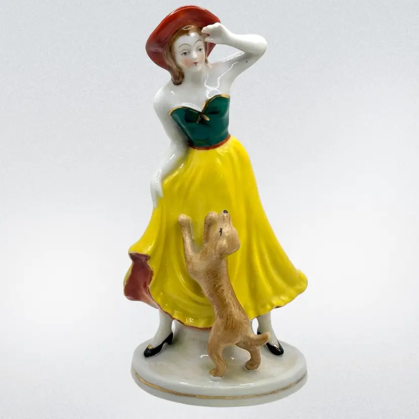 Figurine Lady and Her Dog Ceramic Made in Occupied Japan Vintage 8”