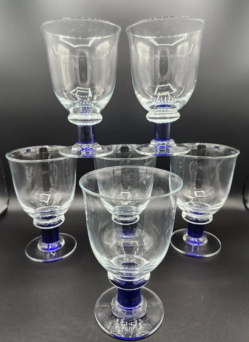 Denby Magnum Blue Stemmed Made in Poland 12oz Crystal Water Goblets Set of 6 NWOT