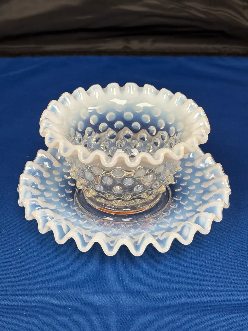 Fenton Opalescent Hobnail Mayonnaise Condiment Set Vintage EUC
