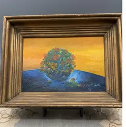 Signed Mid-Century Impressionist Floral Still Life over River 8.5x7”