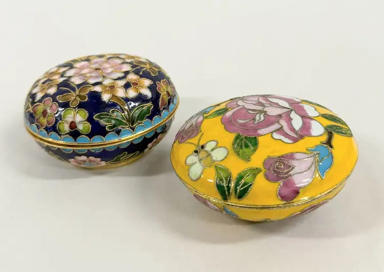 2 Cloisonné Enamel Blue & Yellow Metal Trinket Box Floral Designs