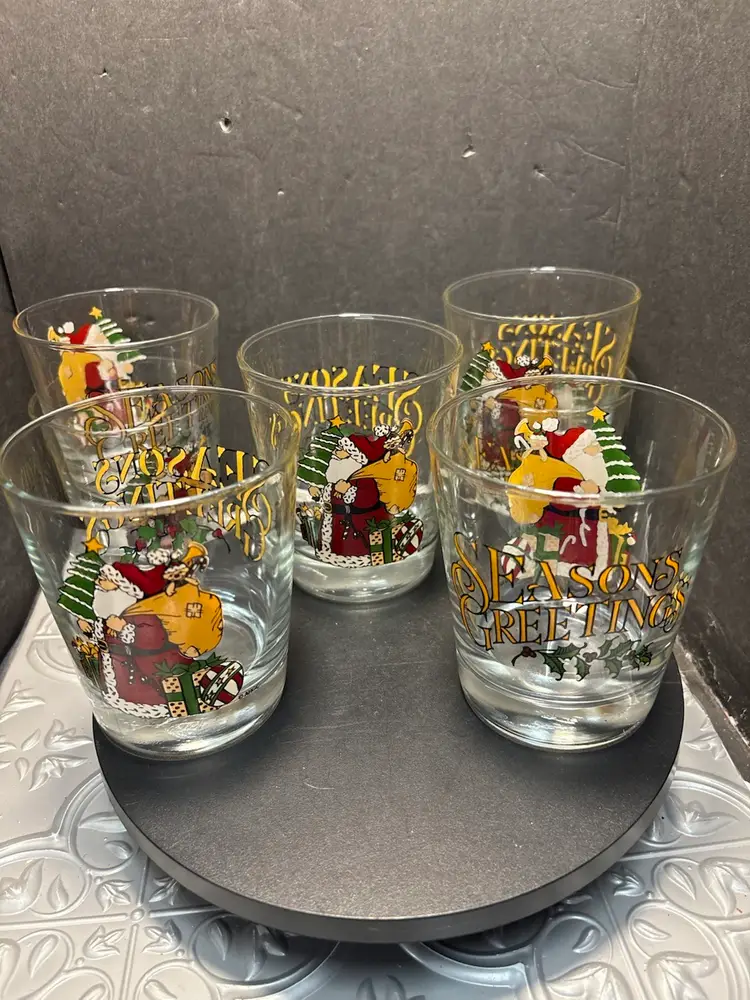 Vintage Double Old Fashioned Liquor Glass AHGC HOLIDAY SANTA Seasons Greetings CHRISTMAS