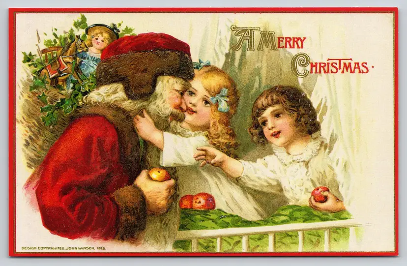 Postcard A Merry Christmas Red Santa Claus with Children and Fruit Winsch Repro - 14618