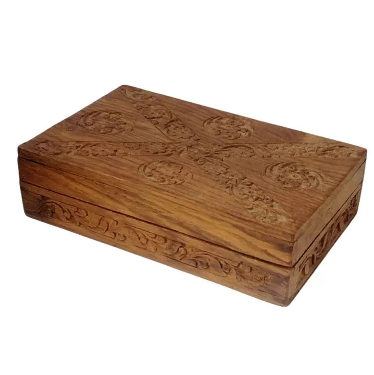 Hand Carved Wooden Box Flowers Trinket Jewelry Blue Velvet Fabric Lined 8" x 6"