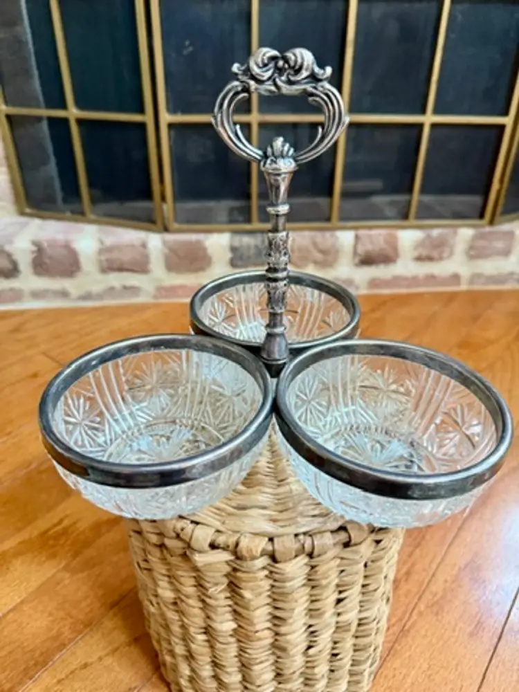 Vintage Silverplate & Cut Glass Triple Condiment Server – 3-Bowl Relish Dish with Ornate Handle