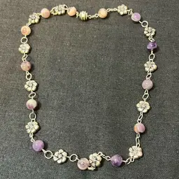 Amethyst Floral Silver Tone Necklace With Magnetic Clasp