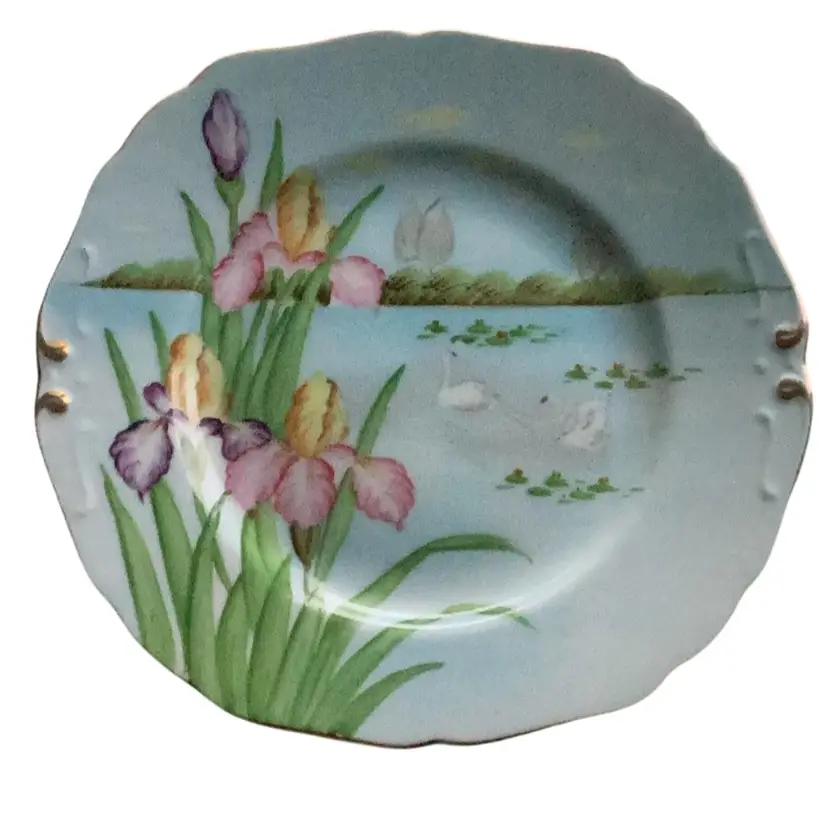 Beautiful Vintage Turu Ware Swans And Irises Plate